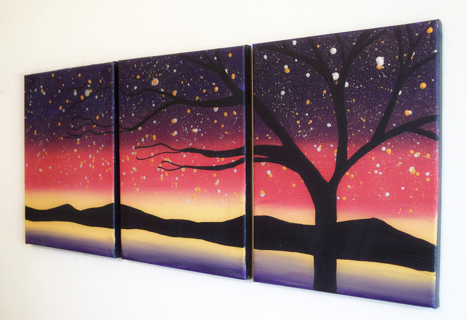 triptych painting wall art sky at night tree of life multi panel landscape beautiful original on canvas abstract forest oversized