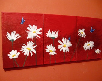 landscape simple minimal flower painting floral extra large wall art canvas butterflies daisies mothers day triptych 48 x 20 "