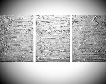 extra LARGE metal WALL ART triptych 3 panel " Solid Silver " canvas original textured sculpture painting abstract minimalist silver