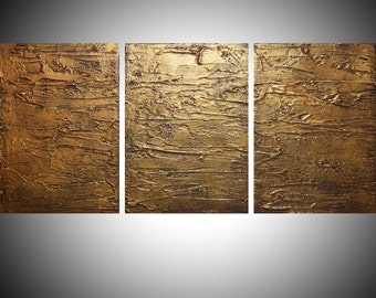 LARGE WALL ART triptych 3 panel wall contemporary art "Gold Triptych" canvas original painting abstract canvas  wall kunst 48 x 20"