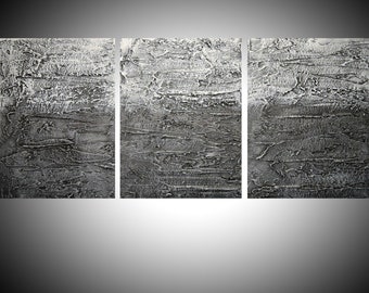 extra large ART triptych 3 wall  gray grey on canvas original painting textured abstract multi panel oversized sculpure minimalist