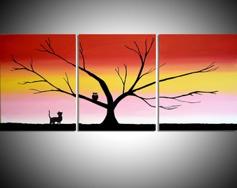 Original acrylic paintings on canvas abstract triptych landscape tree forest owl  pussycat painting large oversized wall art Modern