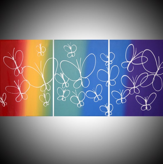 Butterfly Rainbow Extra Large Wall Hanging Art Triptych Acrylic Abstract Painting Vibrant 3 Three Panel Painting On Canvas 3 Large Size