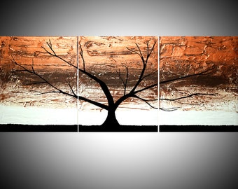 EXTRA LARGE WALL art triptych 3 panel wall " Copper Tree " home decor in copper on canvas original painting abstract artwork 48 x 20"