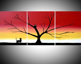 Original acrylic on canvas abstract triptych gallery set original tree owl pussycat painting art large wall art oversized forest minimalist