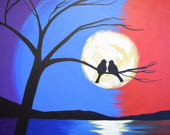 landscape painting textured wall canvas art sale decor "Together Forever" impasto love birds big art pop contemporary tree of life 36 x 24"