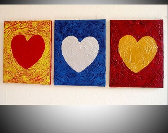 Wall heart extra large wall triptych painting " three of hearts " art wedding party gift artwork Abstract original textured sculpture