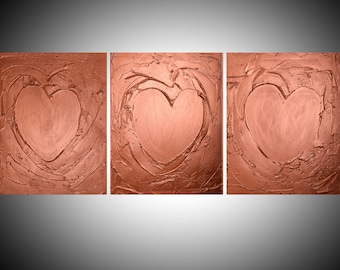 extra large wall multi panel triptych painting " Copper hearts " metal modern sculpture minimalist textured art Abstract original 48 x 20 "