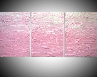 extra large ART triptych 3 panel oversized wall home impasto light blush pink on original painting on canvas