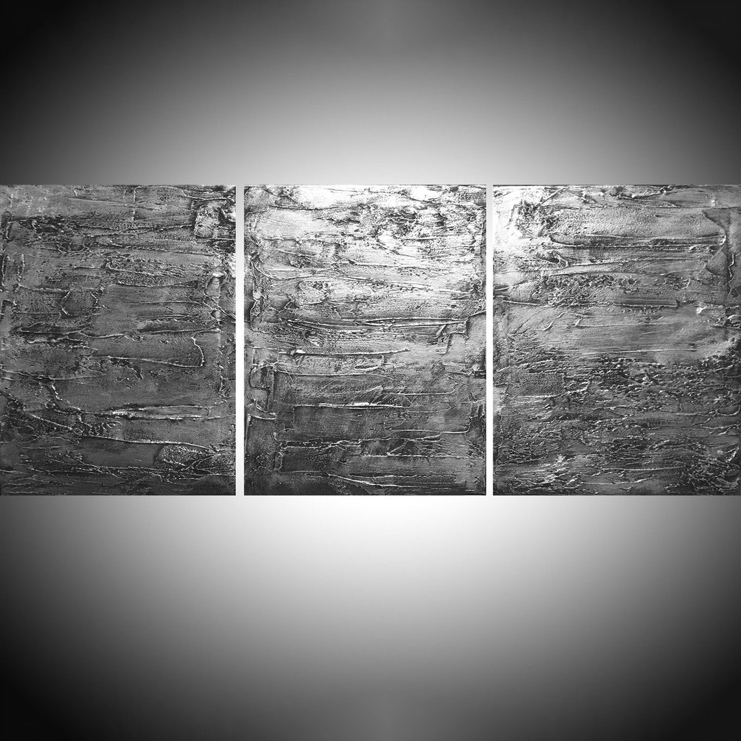 Extra LARGE WALL ART Triptych 3 Panel Metal Art Silver Triptych Canvas