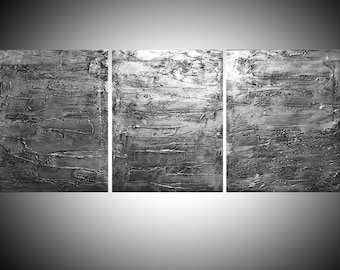 extra LARGE WALL ART triptych 3 panel metal art " Silver Triptych " canvas original painting abstract artwork textured minimalist sculpture