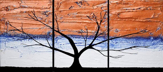 tree painting EXTRA LARGE WALL art triptych 3 panel  Crimson Dawn  textured decor in copper on canvas original abstract 48 x 20