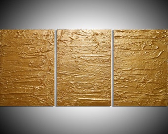 extra large ART triptych set of 3 piece panel wall textured impasto gold metal on canvas original painting abstract sculpture