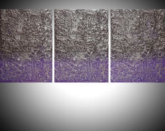 extra LARGE metal WALL ART 3 panel textured " Silver Triptych " canvas original painting abstract canvas industrial sculpture