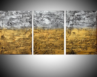 arte da parete extra large a 3 pannelli moderna "Colori del cambiamento" argento oro su tela 3 pezzi opere d'arte originali pittura astratta 48 x 20"