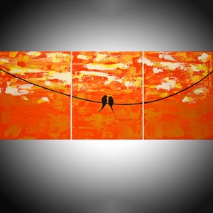 LARGE wall art triptych love bird on a wire landscape abstract modern painting triptych nursery canvas contemporary art forest tree of life image 1