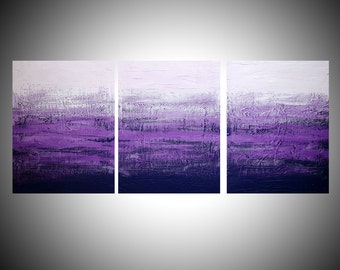 abstract extra LARGE WALL hanging set ART multi 3 panel " Purple Triptych " on split canvas original textured painting sculpture minimalist