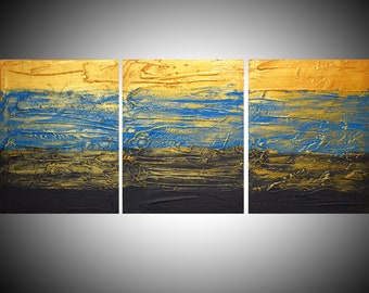 extra large ART triptych 3 panel wall modern metal gold turquoise home decor interior on beauty canvas original painting abstract 48 x 20"