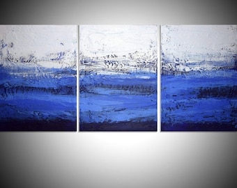 blue painting blue wall art triptych 3 panel wall contemporary art "Ultramarine Triptych" canvas original abstract canvas kunst 27 x 12"