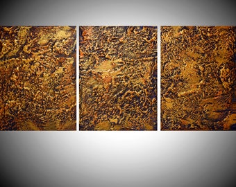 extra large wall art triptych 3 panel modern orange abstract textured gold metal on canvas original sculpture painting abstract