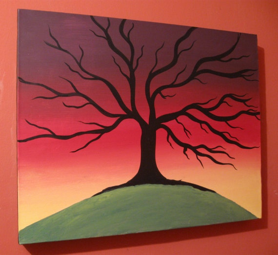 Medium Size Acrylic Paint on Canvas. Original Painting. Tree and Landscape.  Painting to Hang on the Wall. Art Gift. 