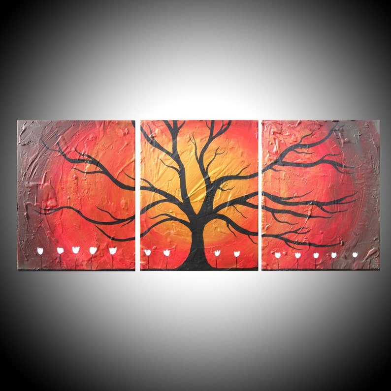 gold tree extra large Wall triptych Wildwood textured impasto 3 panel canvas art large tree forest painting Abstract oversized image 4