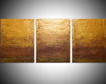 LARGE WALL textured ART triptych set of 3 piece panel metal sculpture " Golden Decadence " on canvas original painting abstract