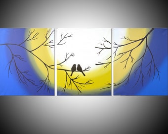 multi panel love birds abstract extra large wall abstract art split panel painting triptych canvas nursery on canvas tree of life 48 x 20 "