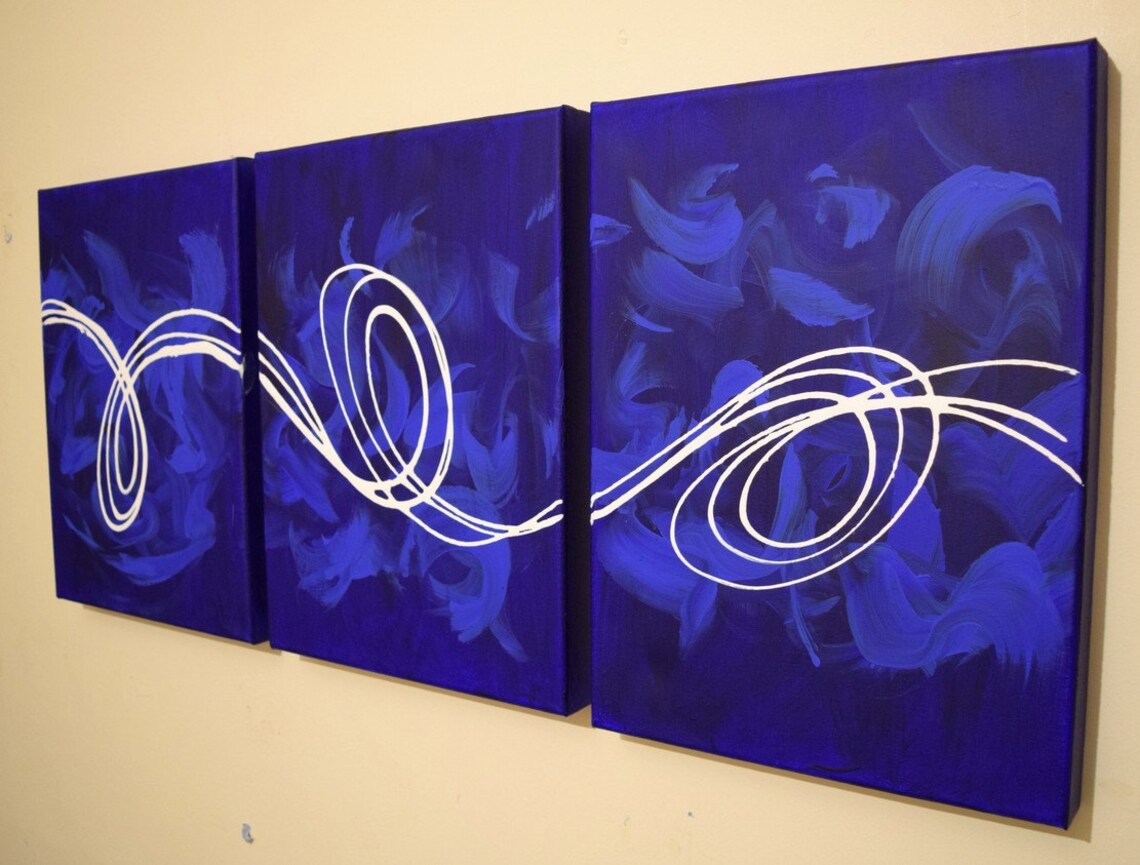 Triptych Huge Wall Art Wall Hanging deep Blue Huge Etsy UK