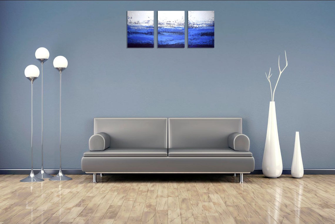 Blue Painting Blue Wall Art Triptych 3 Panel Wall Contemporary Art ultramarine Triptych Canvas