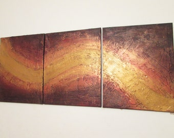 original triptych Wall sculpture abstract painting art " River of Gold " Abstract office Impasto extra large 3 panel textured sculpture