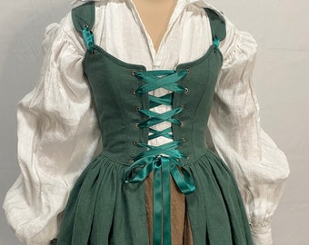 Linen overdress, bodiced petticoat, Renaissance faire dress, highland costume, green