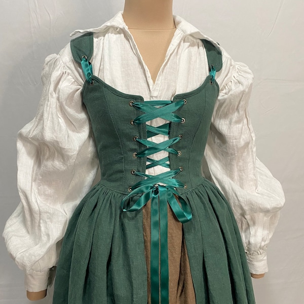 Linen overdress, bodiced petticoat, Renaissance faire dress, highland costume, green