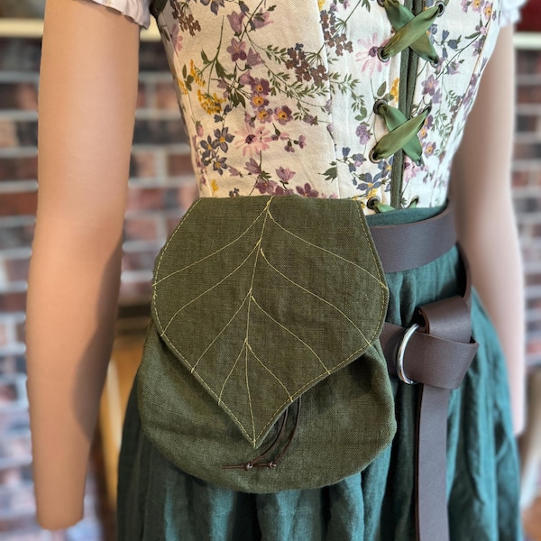 Moss green Leaf pouch, linen drawstring pouch, ren faire accessories, fairy costume