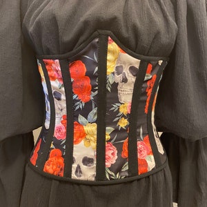 Underbust corset, skulls and roses, witch costume, Renaissance faire corset, Halloween corset