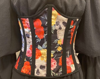 Underbust corset, skulls and roses, witch costume, Renaissance faire corset, Halloween corset