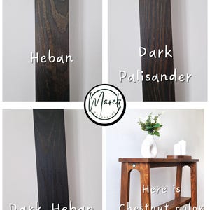 Puede incluir: Cuatro muestras de madera que muestran diferentes manchas de madera: 'Palisandro oscuro', '&Eacute;bano oscuro', '&Eacute;bano' y 'Color casta&ntilde;o'. La &uacute;ltima muestra es una mesa peque&ntilde;a con una mancha de casta&ntilde;o.