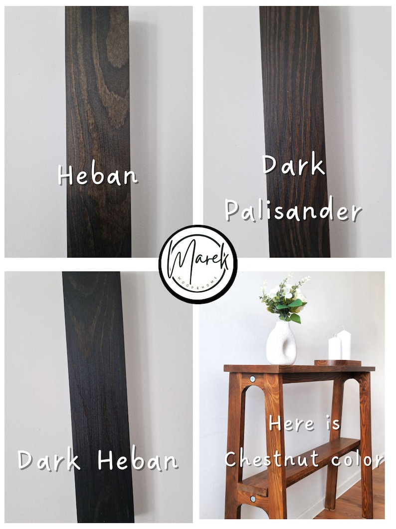 Puede incluir: Cuatro muestras de madera que muestran diferentes manchas de madera: 'Palisandro oscuro', '&Eacute;bano oscuro', '&Eacute;bano' y 'Color casta&ntilde;o'. La &uacute;ltima muestra es una mesa peque&ntilde;a con una mancha de casta&ntilde;o.