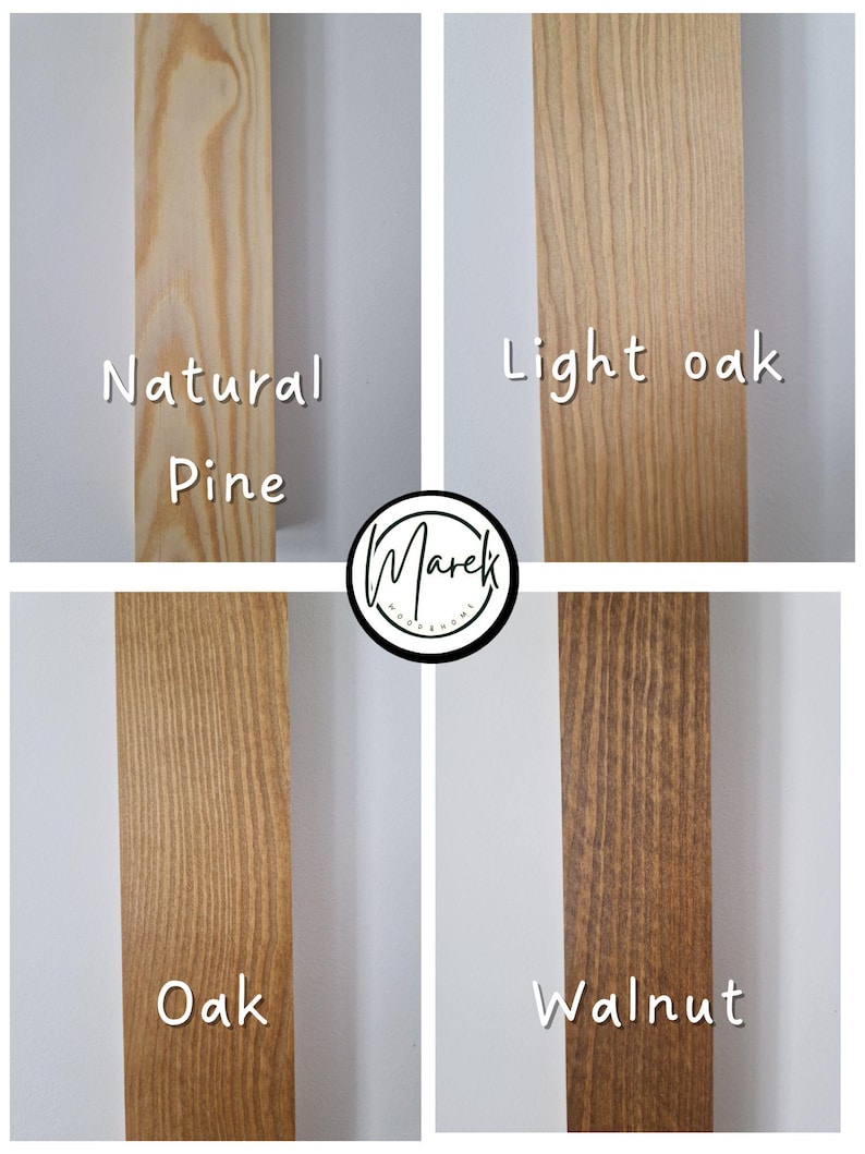 Puede incluir: Cuatro muestras de madera que muestran diferentes acabados de madera: pino natural, roble claro, roble y nogal.