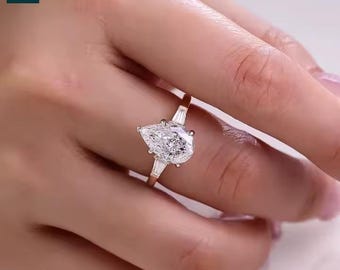 3 Carat Pear Lab Grown Diamond Engagement Ring: 14k Solid Gold
