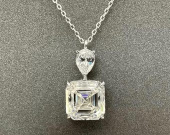 Asscher Cut Moissanite Necklace: 925 Sterling Silver Pendant
