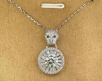Moissanite Necklace Leopard Head 925 Sterling Silver Fine Jewelry for Women Engagement Gift Shreegemshine