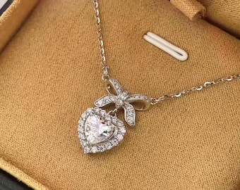925 Sterling Silver Moissanite Heart Necklace - Light Luxury Bow Pendant Fine Jewelry for Women