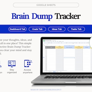 Może przedstawiać: Laptop wyświetla Brain Dump Tracker w Google Sheets. Ekran pokazuje arkusz kalkulacyjny z zakładkami Dashboard, Cele, Pomysły i Zadania. Tekst na obrazie promuje łatwe priorytetyzowanie, organizację i dostęp z dowolnego miejsca.