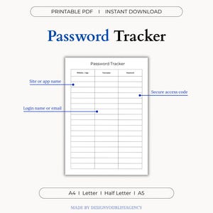 Puede incluir: Un rastreador de contraseñas imprimible con el título "Password Tracker" en azul. El documento incluye campos para sitio web/aplicación, nombre de usuario y contraseña. El texto superior dice "PDF imprimible | Descarga instantánea".