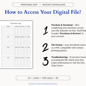 Printable Nutrition Log PDF designed for daily food tracking, calorie counting, and healthy meal planning. Ideal for individuals focused on wellness, diet, or weight loss goals. Includes sections for meals, snacks, calorie totals, and personal notes. Offered in A4, A5, Letter, and Half-Letter sizes for easy home printing. Clean and minimal layout suitable for beginners or health-conscious users. Great for meal prep, mindful eating, and tracking nutritional habits.