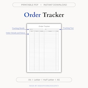 Könnte beinhalten: Ein druckbarer PDF-Bestellverfolgungsbogen mit dem Titel "Order Tracker" in Marineblau. Das Dokument enthält Felder zur Verfolgung von Monat, Jahr, Bestelldetails und Status. Erhältlich in den Größen A4, Letter, Half Letter und A5.