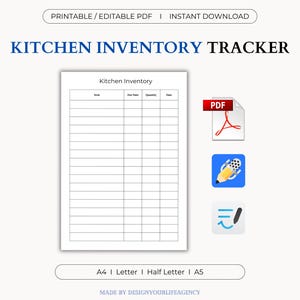May include: A printable kitchen inventory tracker in PDF format. The document features a table with columns for notes, item names, quantity, and dates. The title "KITCHEN INVENTORY TRACKER" is displayed in blue. Includes icons and size options.