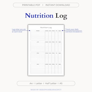 Printable Nutrition Log PDF designed for daily food tracking, calorie counting, and healthy meal planning. Ideal for individuals focused on wellness, diet, or weight loss goals. Includes sections for meals, snacks, calorie totals, and personal notes. Offered in A4, A5, Letter, and Half-Letter sizes for easy home printing. Clean and minimal layout suitable for beginners or health-conscious users. Great for meal prep, mindful eating, and tracking nutritional habits.