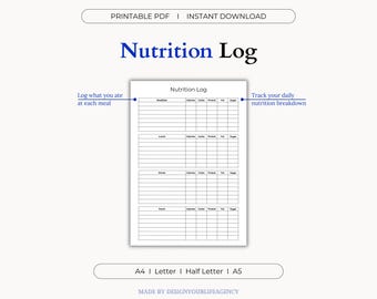 Registro nutricional imprimible en PDF: Rastreador nutricional diario, calculadora de calorías, guía de comidas saludables, diario de alimentos, registro de comidas, registro de calorías
